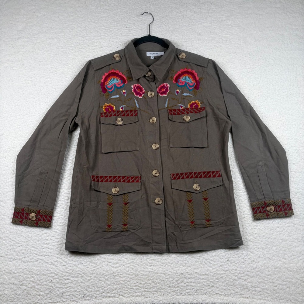 Time for Me Utility Field Jacket Boho Floral Embroidered Cotton L Olive Taupe